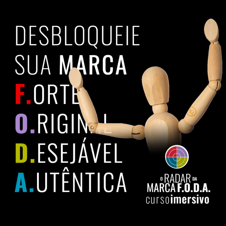 Mascote Marca F.O.D.A. chamando visitantes para lista de espera do curso RADAR para desbloquear a Marca F.orte O.riginal D.esejavel A.utentica